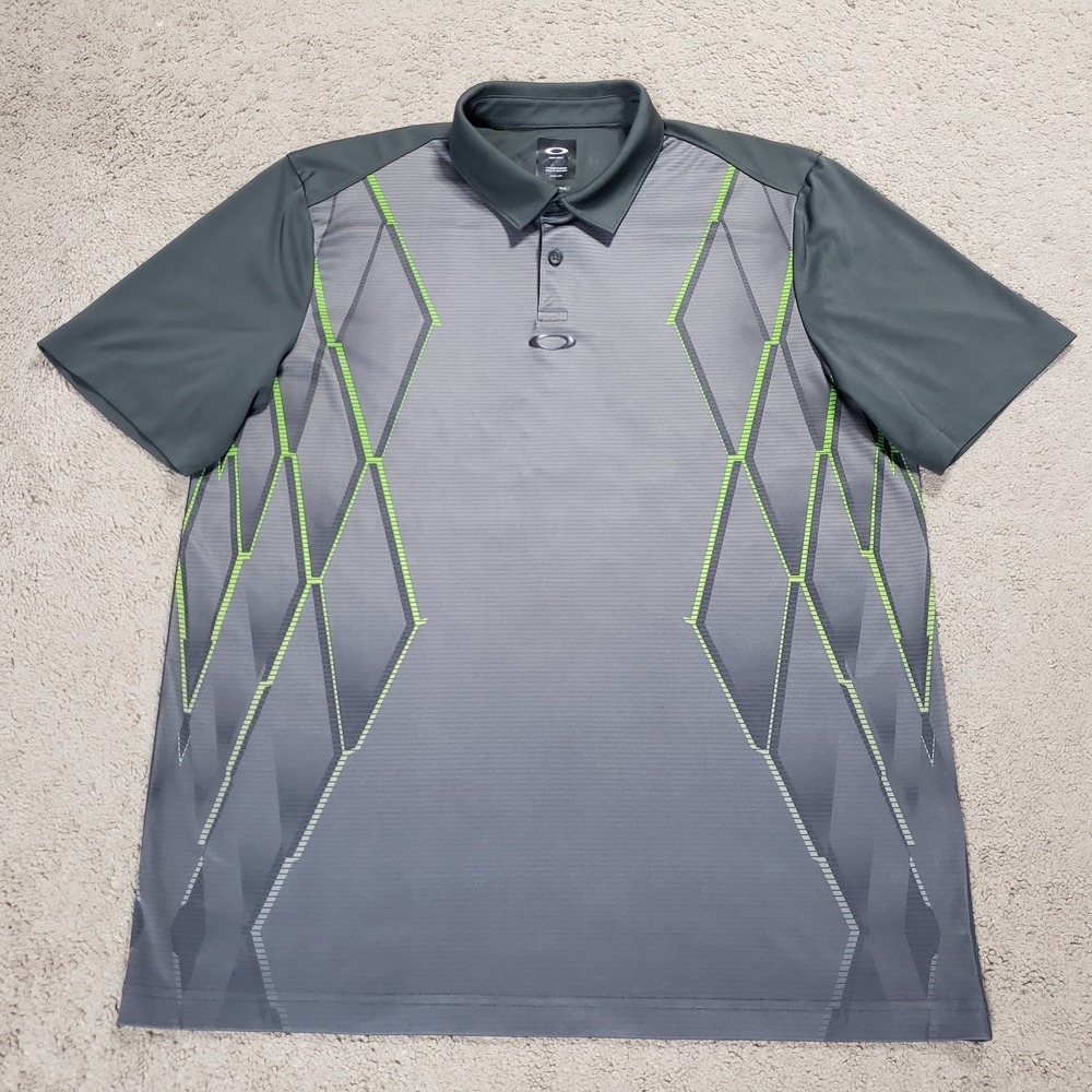Oakley Performance Polo Shirt Men Large Green Gray Geometric Stretch Golf Preppy